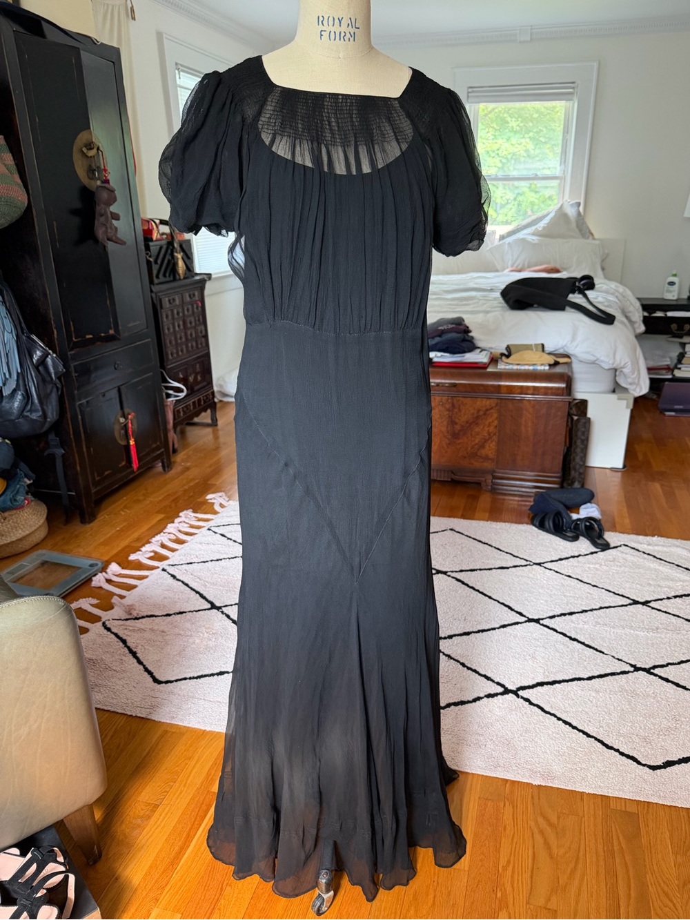 Vintage 1930’s bias cut Black Maxi Dress with Puff Sleeves size 8-10